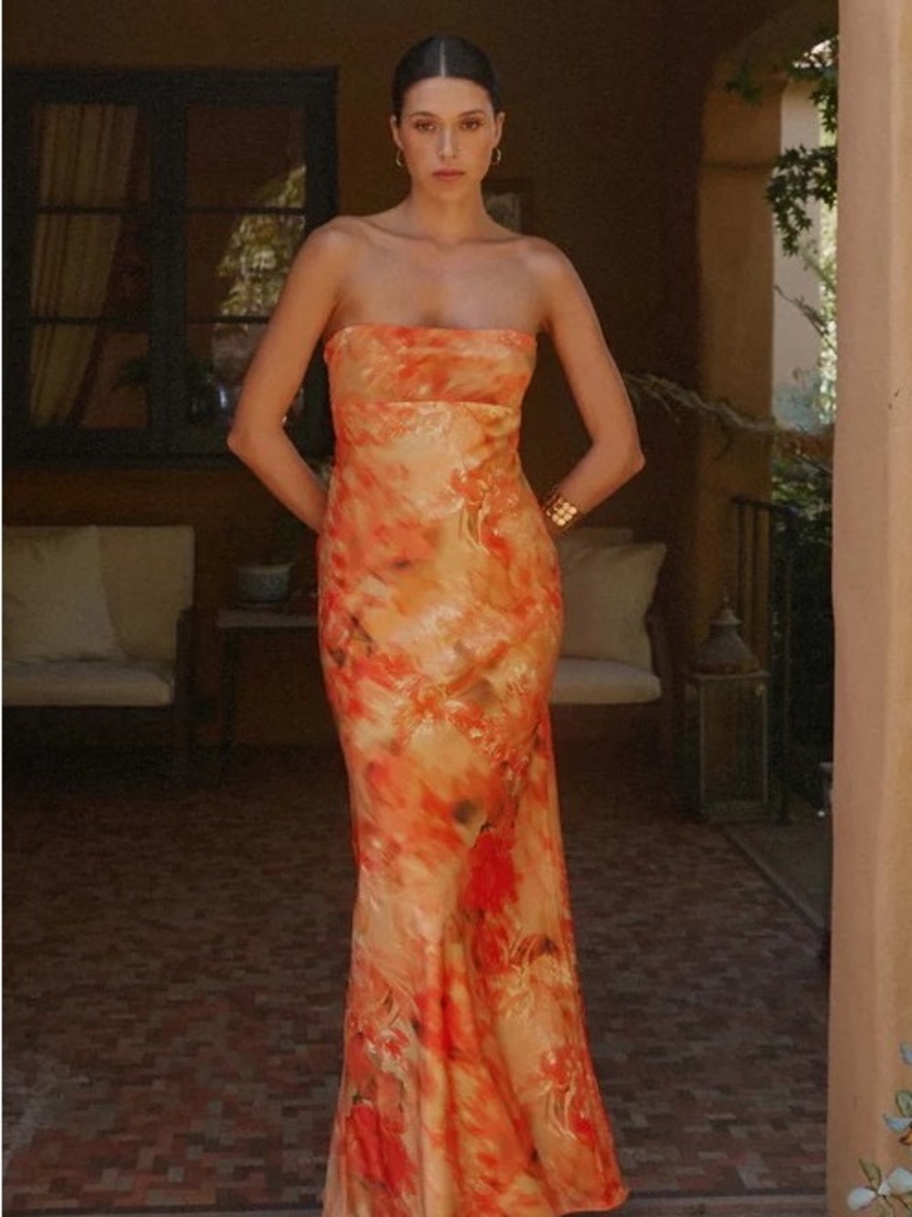 Peppermayo Strapless Orange Marble Print Maxi Dress